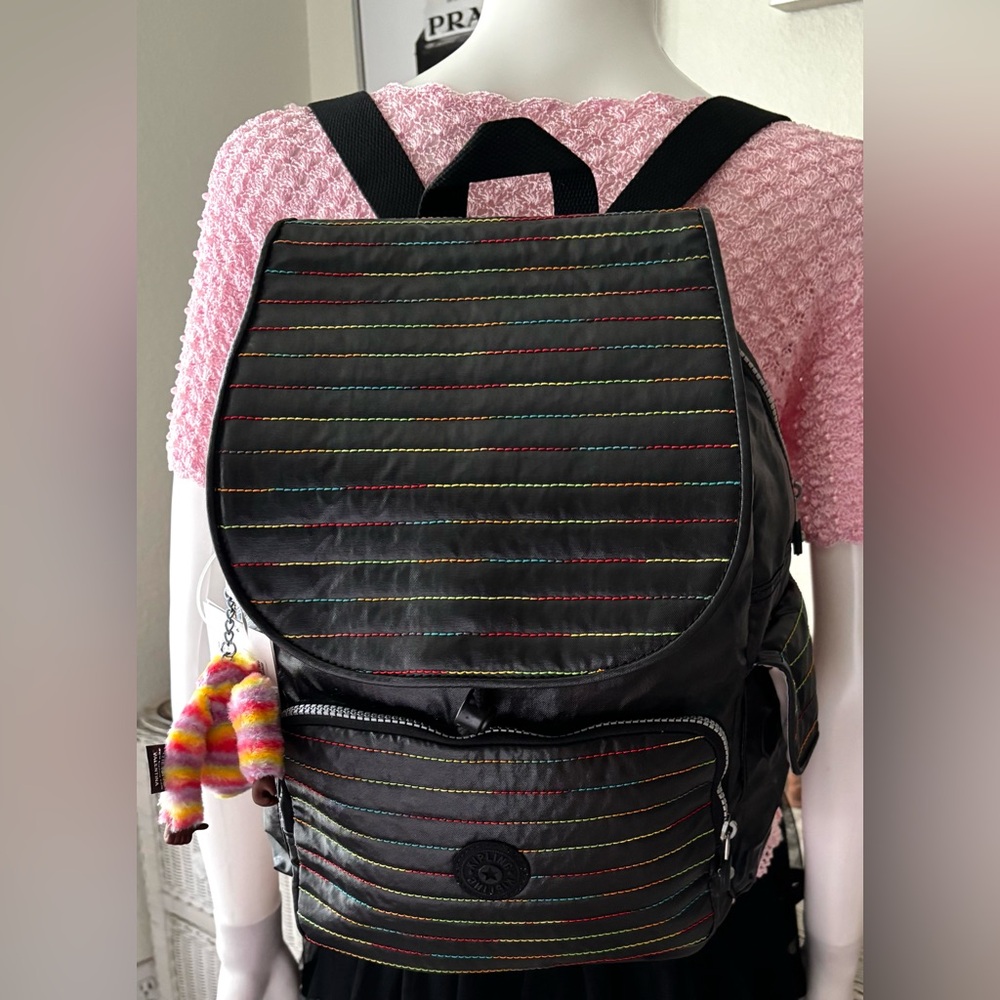 Kipling Rainbow Stitch Ravier DayPack Backpack in Black Style  BP4154 LQR NWT